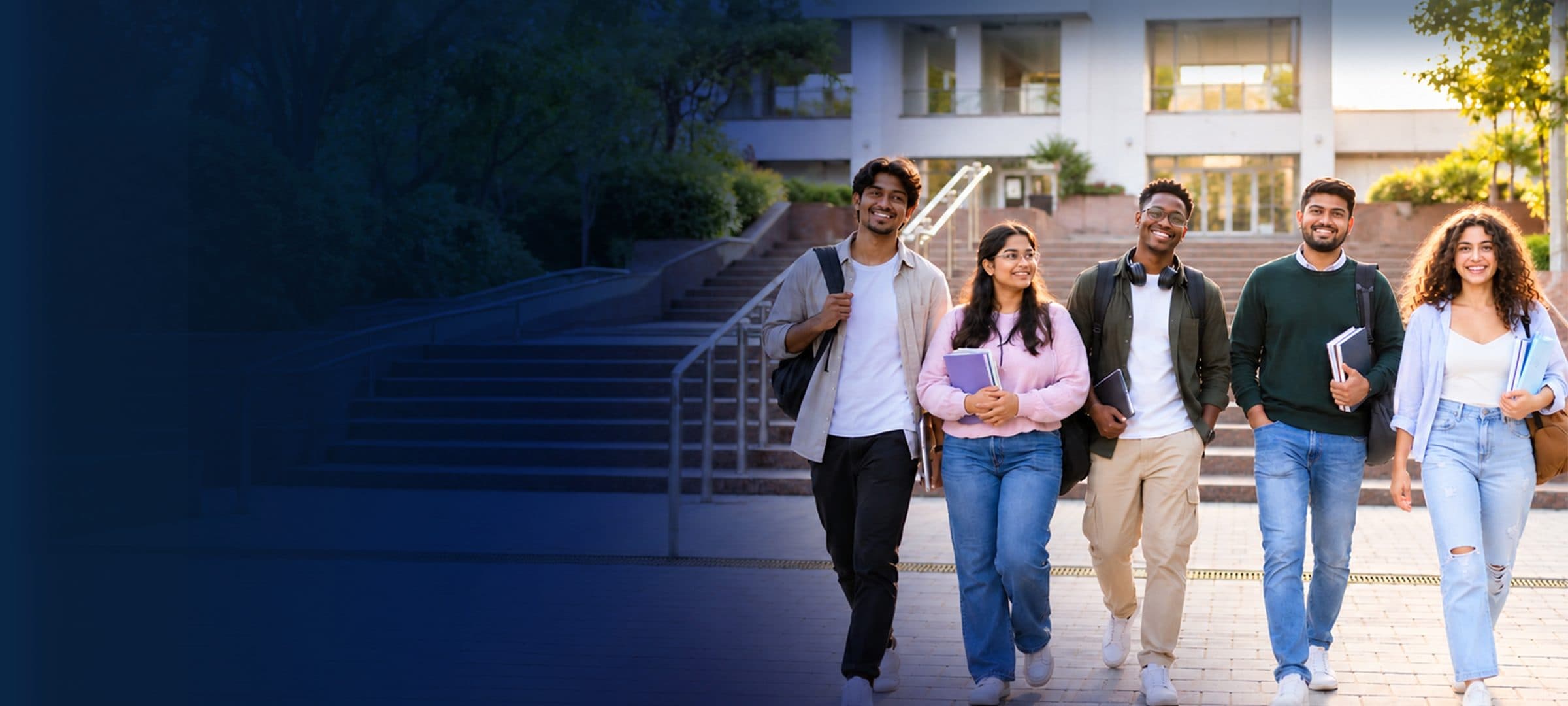 Group of smiling international students walking across a university campus